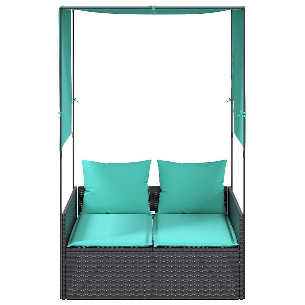 Roanoer Outdoor Double Chaise Lounge Set Black PE Rattan Patio Sofa with Retractable Canopy & Privacy Curtains 17 x 18.3 x 29 in Sunbathing Recliner for Garden Poolside Backyard