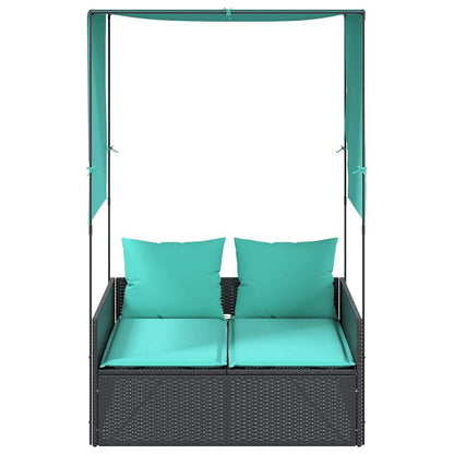 Favemtsl Double Outdoor Lounge Chair Black PE Rattan 17x18.3x29 in with Adjustable Canopy & Privacy Curtains, Removable Cushions, 2-Person Sunlounger for Patio Garden Terrace