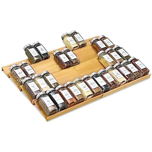 Spice Drawer Organizer with 24 Spice Jars and 216 Labels,Non-slip Rubber, Bamboo 4 Tier Spice Racks Tray Seasoning Containers for Kitchen Drawers,Cabinets,Countertops,13" Wide * 15.8" Deep