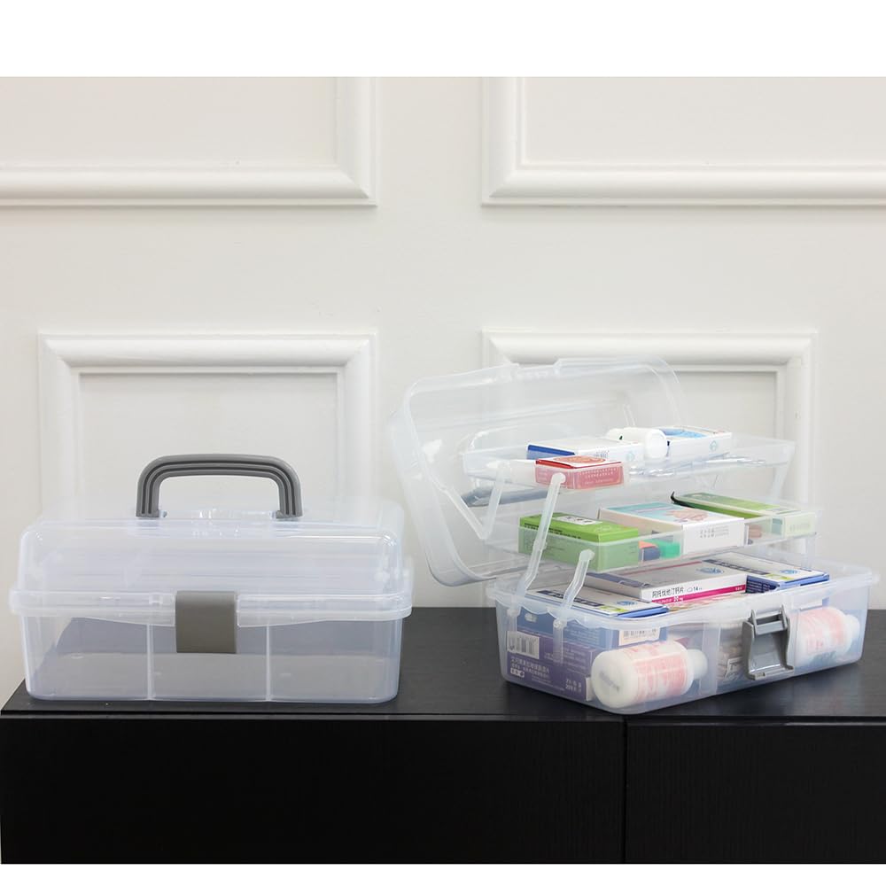 BangQiao 2-Tier Trays Clear Gray Plastic Storage Container Organizer Box, Multipurpose Portable Carrying Case with Latch Lock and Handle for Art, Craft, Sewing Supplies, First Aid, Makeup