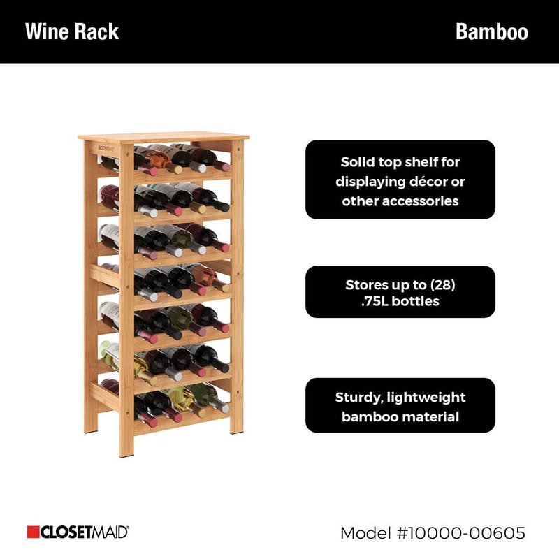 ClosetMaid 28 Bottle Standing Floor Wine Storage Rack Tower with Top Shelf, Bamboo Wood
