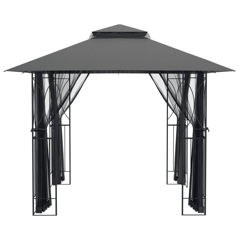 Anthracite Steel Gazebo with Sidewalls, 118.1"x118.1" Outdoor Canopy Tent, Double-Tiered Roof, Patio Gazebo for Garden Parties Lawn Structures