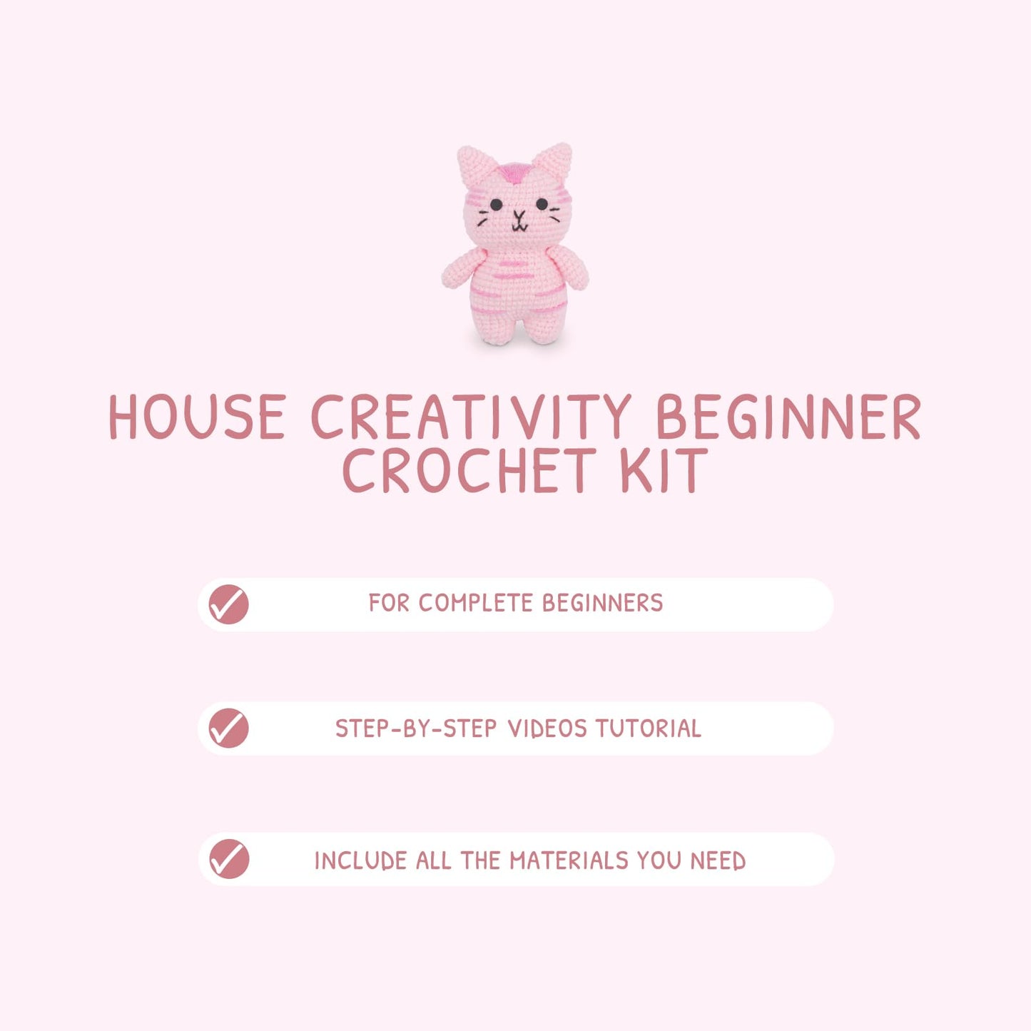 HOUSE CREATIVITY Cat Crochet Kit for Beginners – Make a Variety of Adorable Kittens, Amigurumi Crochet Starter Kit with Yarn, Eyes & Step-by-Step Video Tutorial, DIY Craft for Cat Lovers