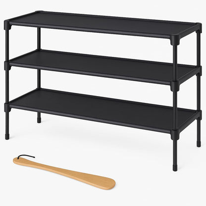 Non-Woven Shoe Rack by [Brand Name] - 3-Tier Stackable Shoe Organizer for Closet & Entryway - 27.5" Wide, Black