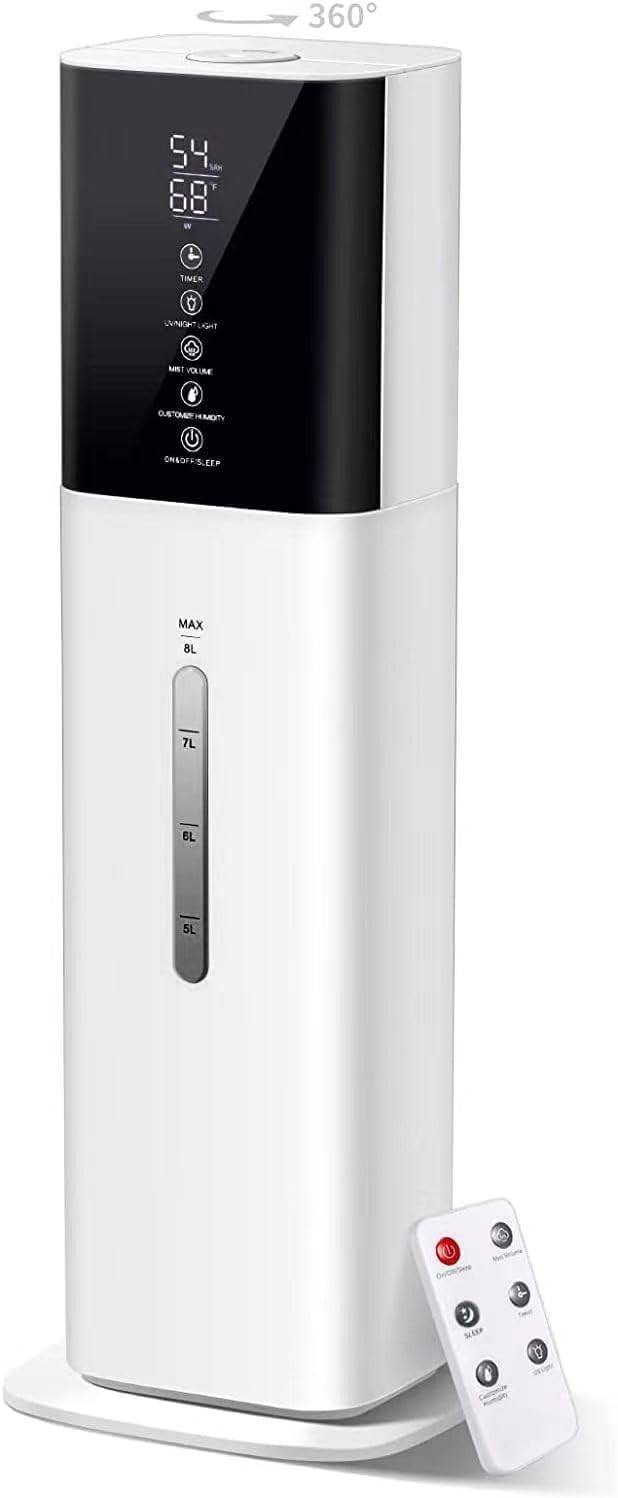 Humidifiers for Bedroom, 2.11Gal 8L Quiet Humidifiers for Large Room with Timer, 360°Nozzle, 3 Speed Ultrasonic Cool Mist Humidifier with Humidistat for Baby Home Adults Plants