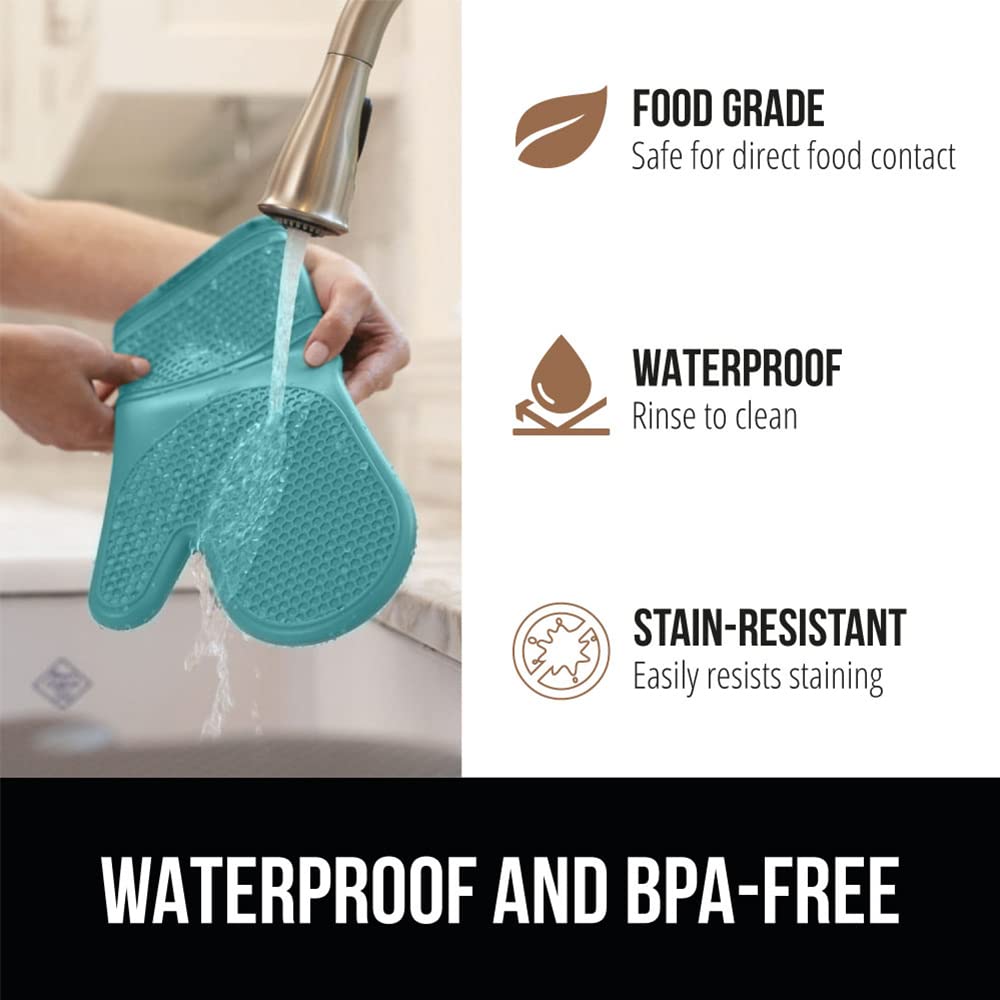 GORILLA GRIP BPA-Free Soft Silicone Oven Mitts and Pot Holders Sets, Heat Resistant Waterproof Cooking Gloves, Thick Cotton Lining, Flexible Gripping for Baking Grilling, Kitchen Trivets, Turquoise