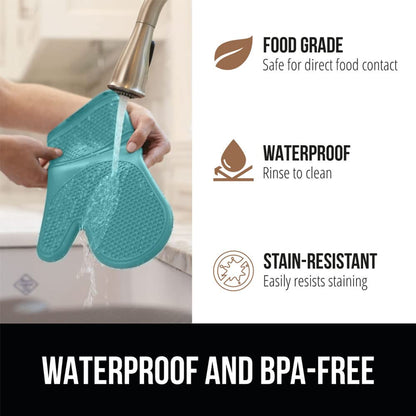 GORILLA GRIP BPA-Free Soft Silicone Oven Mitts and Pot Holders Sets, Heat Resistant Waterproof Cooking Gloves, Thick Cotton Lining, Flexible Gripping for Baking Grilling, Kitchen Trivets, Turquoise