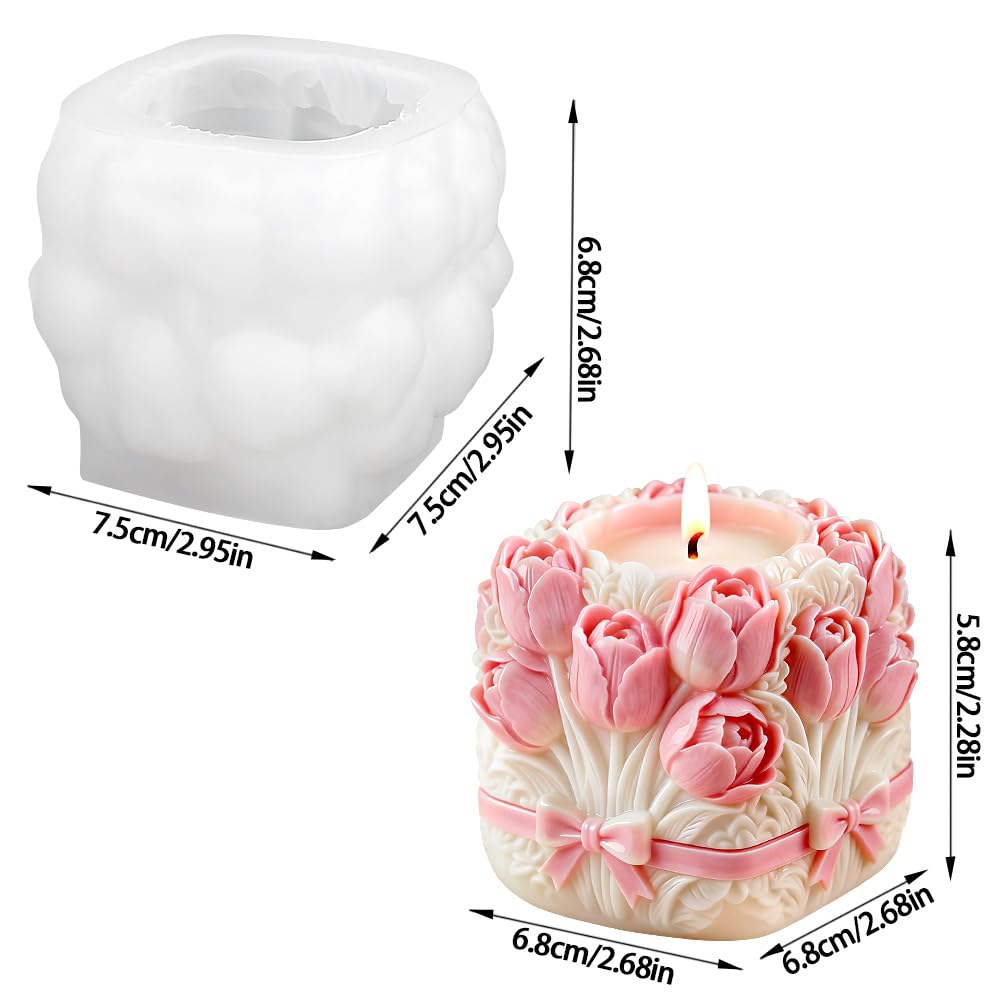 3D Tulip Bouquet Flower Silicone Mold for Scented Candles Handmade Soap Making Tulip Bouquets Cylinder Flower Molds Silicone Candle Molds for Candle Making Supplies Floral Decor Plaster Resin Mold
