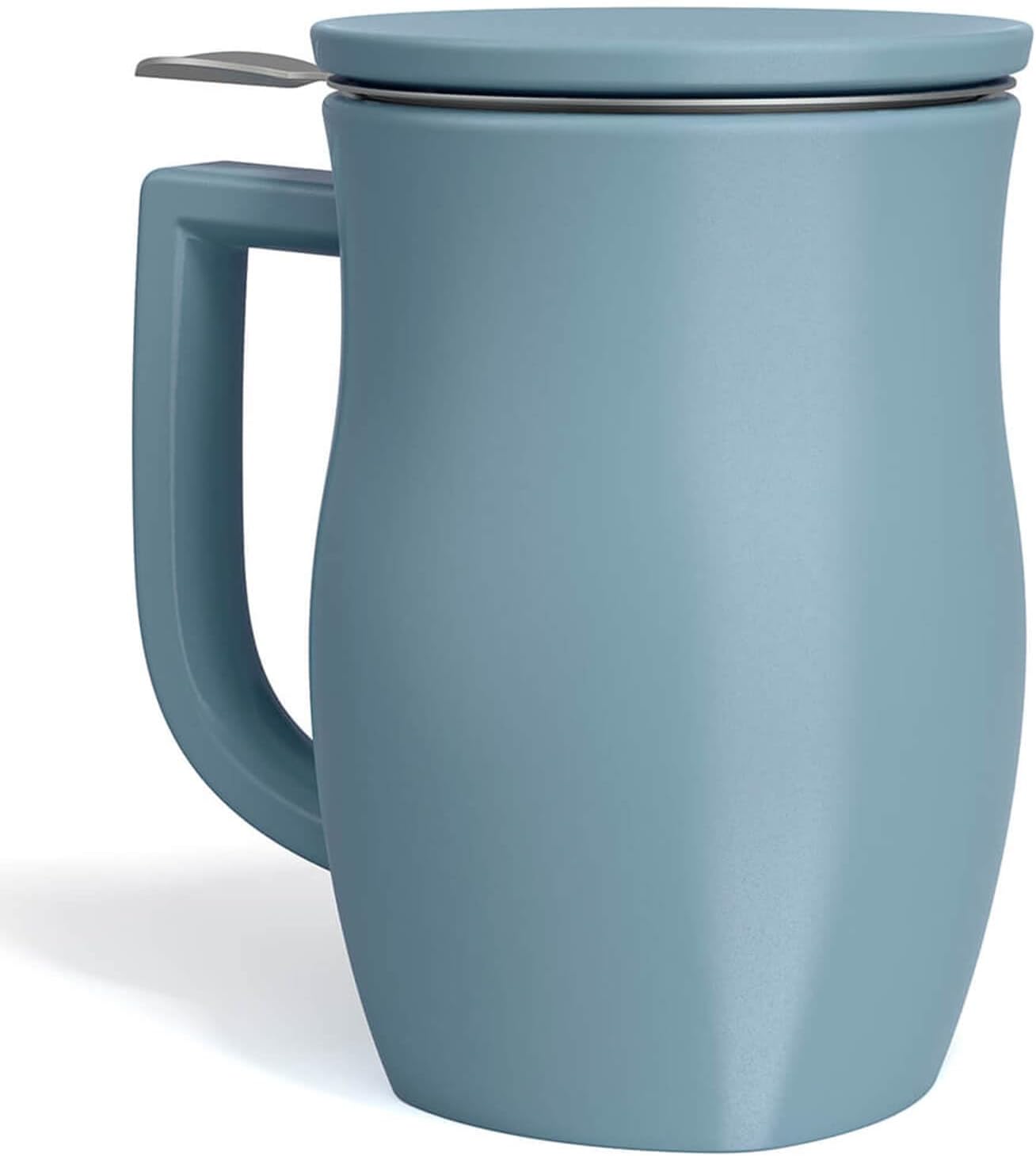 14 oz Tea Forte Ceramic Fiore Cup with Handle, Removeable Stainless Steel Infuser Basket and Lid, Steeps Loose Leaf