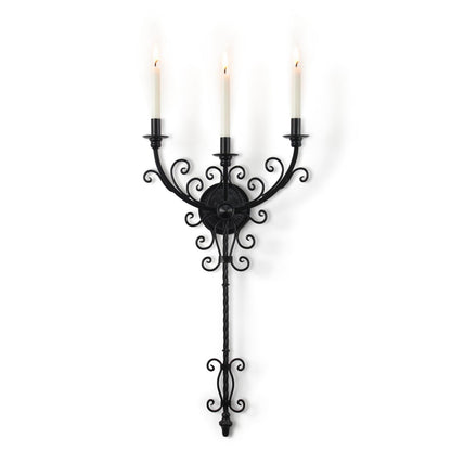 WOPARTY Black Iron Candle Sconces Gothic Wall Candle Holder - Extra Large 28" Medieval 3-Candle Wall Mounted Candlestick for Castle Theme, Halloween, Living Room, Dining Room