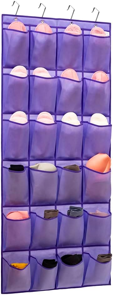 24 4 Over The Door Hanging Shoe Organizer Shoe Rack Hanger Large Fabric Pockets Holder with Sturdy Hooks (PURPLE)