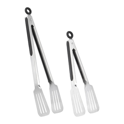Lebabo Metal Tongs for Cooking, Set of 2 Stainless Steel Spatula Tongs for Grilling, Cooking and Flipping, Strong Grip for Ribs, Steak and Fish, Comfortable Grip, Easy Pull Lock, 9 inch & 12 inch