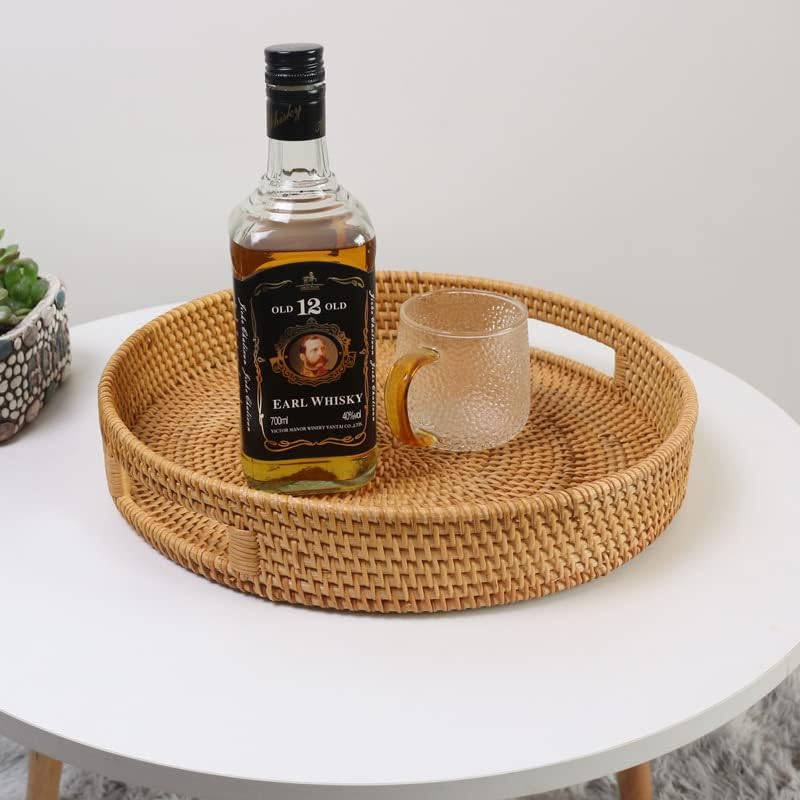14 inch 2.4 inch) Coffee Table Tray Round Rattan Ottoman Tray Woven Serving Trays with Handles for Home and Kitchen