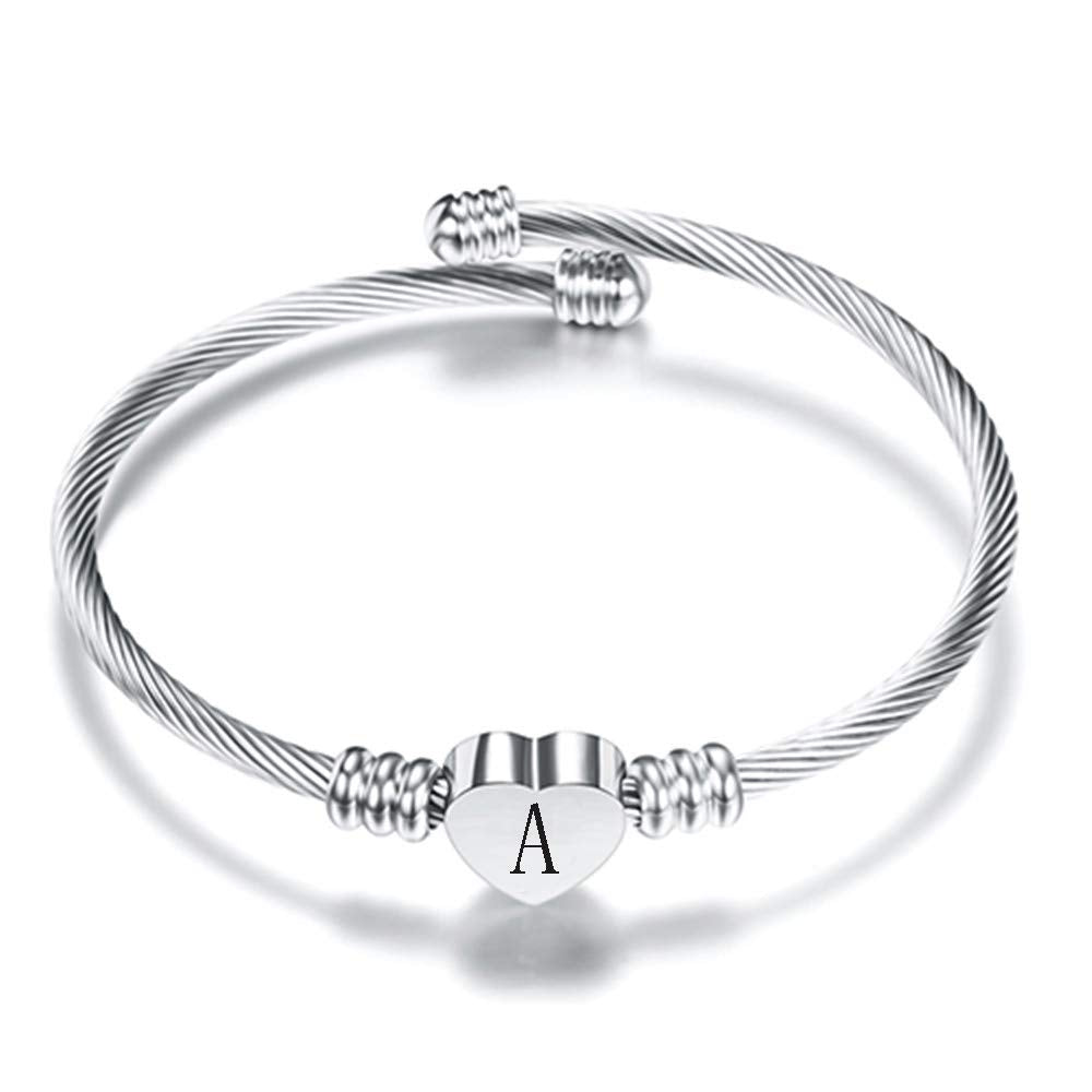 VQYSKO Gold Bracelets for Girls-A to Z Stainless Steel Heart Initial Girl Jewellery, Birthday Gifts for Girls (Silver, A)