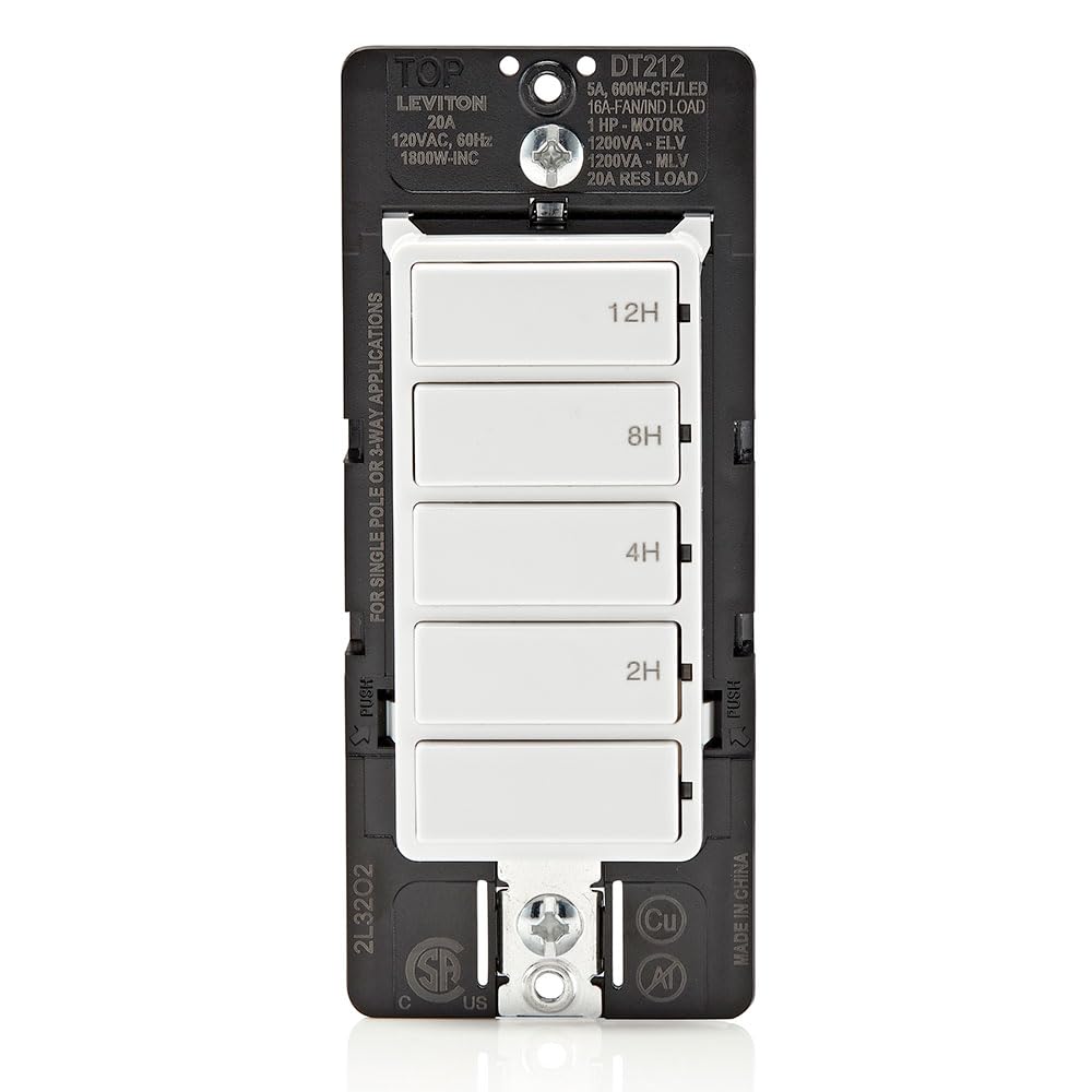 Leviton Countdown Timer Switch for bathroom fan and household lights, 5-10-15-30 min, No Neutral Required, Single Pole, 15A, 1/2 HP/9.8A Fan/Motor, DT130-1LW, White