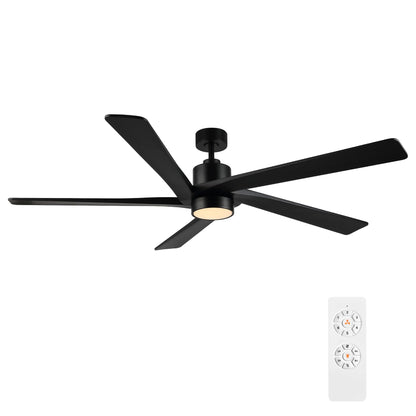 WINGBO 64" DC Ceiling Fan with Lights, 5 Carved Solid Wood Blades, 6-Speed Reversible DC Motor, Matte Black Finish Ceiling Fan with Remote, Black