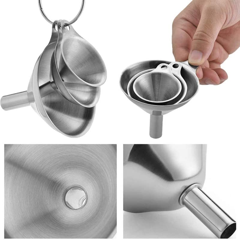 Kitchen Funnels Set for Bottles, 3pc Small/Medium/Large Stainless Steel Metal Funnels with 2 Cleaning Brushes