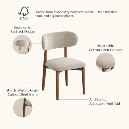 POVISON Modern Dining Chairs Set of 2, Armless Cotton Linen Dining Chair with Sackcloth Cushions and Dark Walnut-Coloured Ash Wood, Pre-Assembled Design