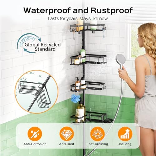 HAMITOR Shower Caddy - 4-Tier Rustproof Bathroom Organizer with Soap Holder & Hooks | Adjustable No-Drill Design (47-123 Inch)