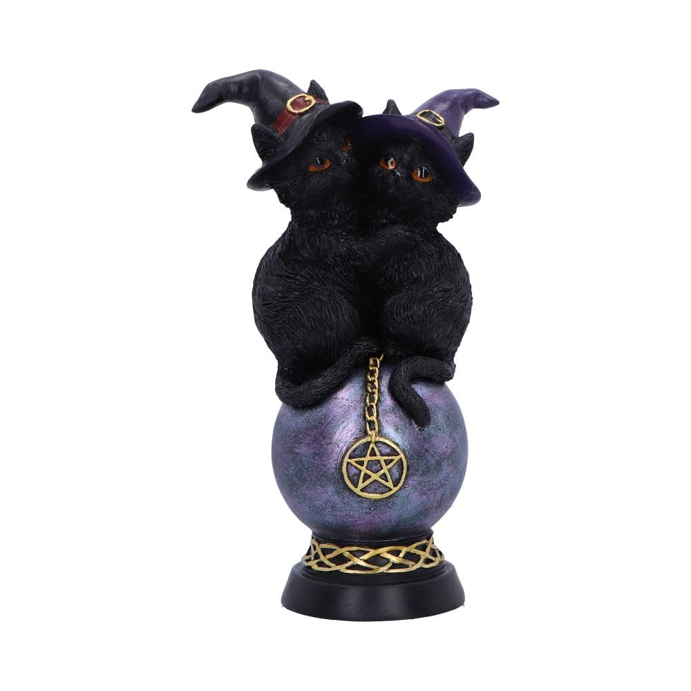Kittens Orbuculum Witches Cat Ornament – Resin Figurine, Two Cats with Witches' Hats, Crystal Ball, Mystical Decor for Cat Lovers