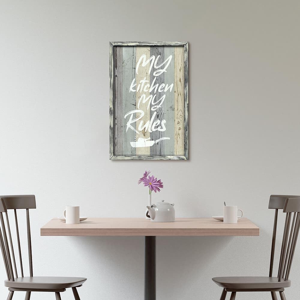 24x16 Inches Kitchen Quotes Framed Wall Art: Funny My Kitchen My Rules Wooden Painting Print Rustic Farmhouse Saying