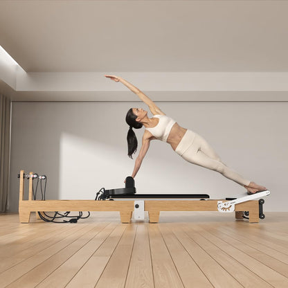 Wooden Foldable Pilates Reformer Machine, Quick-Assembly Studio Grade Pilates Reformer for Home and Gym, Pilates Equipment with Adjustable Resistance, Jump Board and Accessories