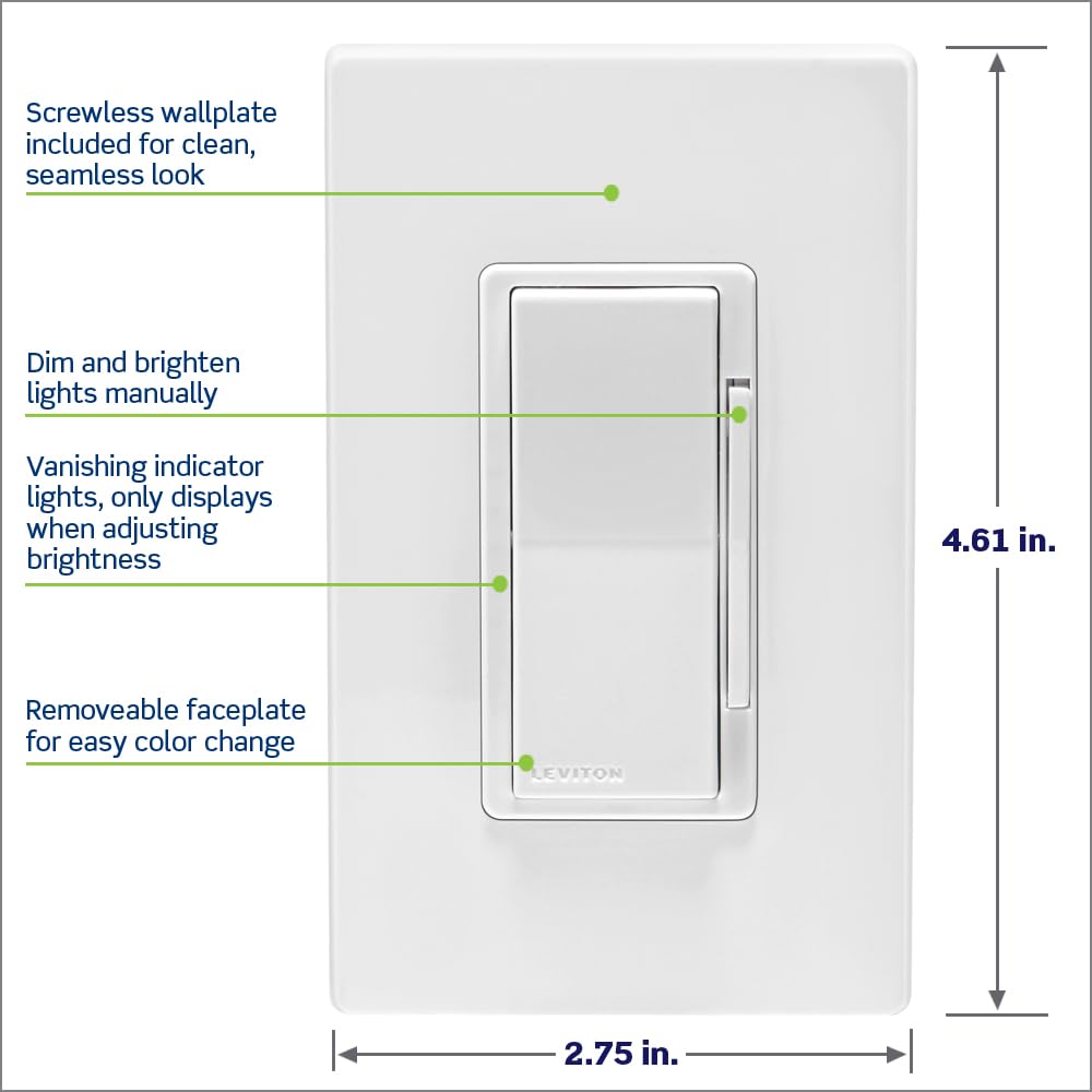 Leviton Decora Smart Dimmer Switch, Wi-Fi 2nd Gen, Neutral Wire Required, Works with Matter, My Leviton, Alexa, Google Assistant, Apple Home/Siri & Wired or Wire-Free 3-Way, D26HD-1RW, White