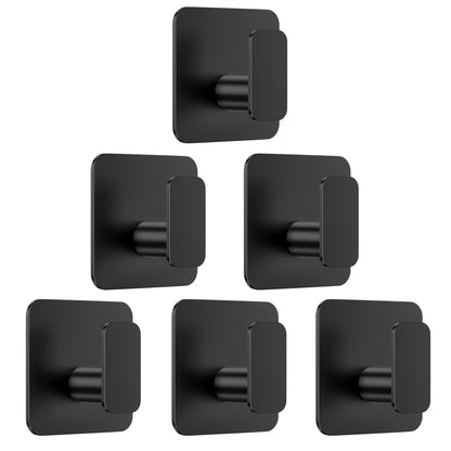 Aikzik Black Hooks for Hanging Heavy Duty, Adhesive Hooks for Shower, Bathroom, Kitchen, Robe, Towel, Coat, Waterproof & Rustproof Hook for Walls No Damage, Sticky Wall Towel Hooks - 6 Pack