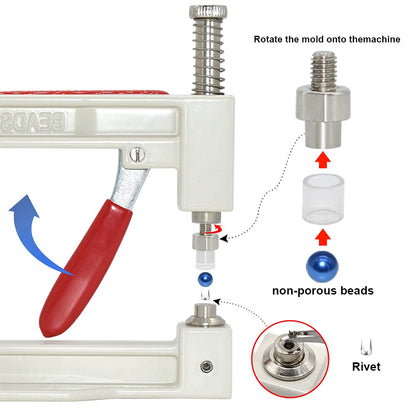 Pearl Setting Hand Press Machine Tools with 2 Boxes of 5 Sizes Colorful no Holes Round Pearls Beads and Rivet Studs, Screw Heads Tweezers for DIY Crafts