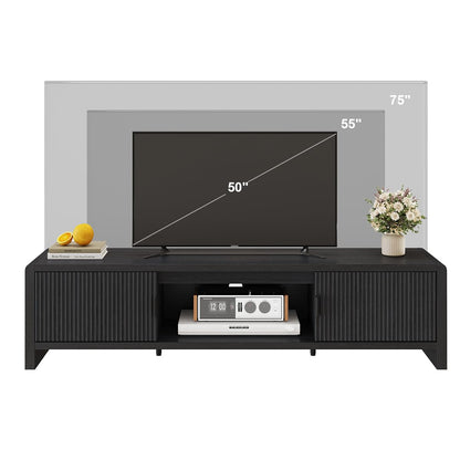 FATORRI TV Stand for 75/65/55 Inch TVs, Mid Century Modern Entertainment Center with Storage, Wooden Television Media Console Cabinet with Fluted-Door for Living Room, Bedroom (63 Inch W, Black)