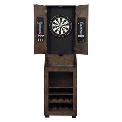 BOWERY HILL Dartboard Cabinet, 24" W x 15" D x 45" H, Walnut Finish, Includes Dartboard, Scoreboards, Darts, Wine Rack, Drop Down Storage Shelf, Traditional Style for Game Room Entertainment