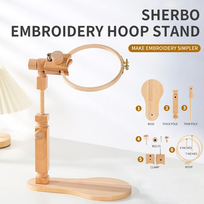 Sherbo Adjustable Embroidery Hoop Stand with 2PCS 6'' 7''Hoops, Rotated Beech Wood Cross Stitch Frame, Hands-Free Needlework Stand, Solid Hand-Polished Natural Wood Holder for Sewing Projects.