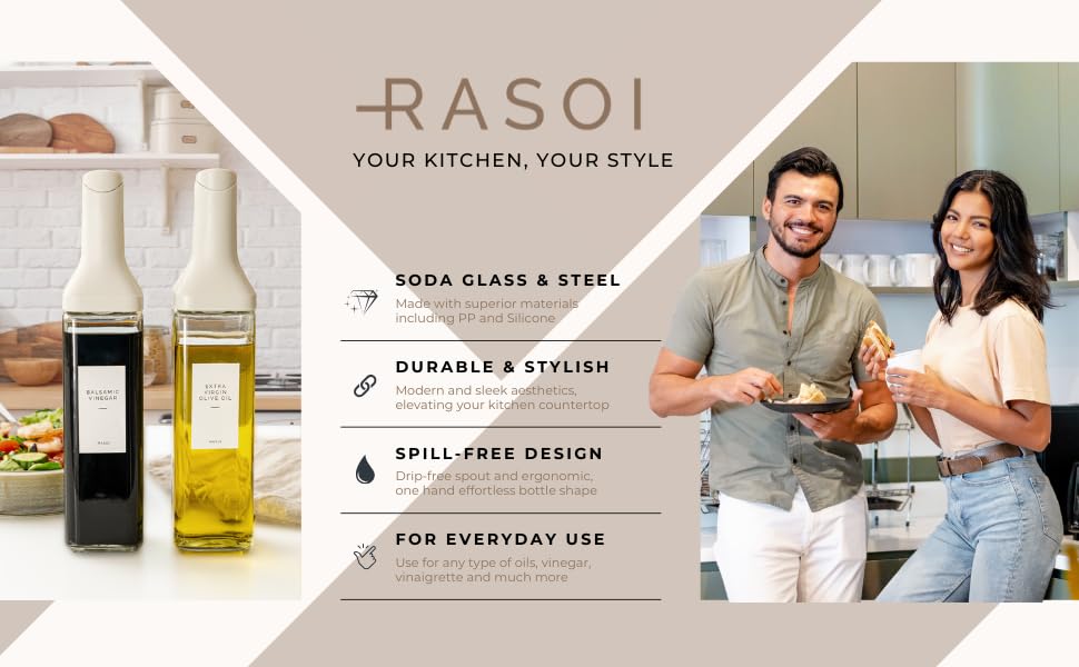 RASOI Oil Dispenser Bottle – Set of 2 17oz/500ml Oil and Vinegar Dispenser - Drip-Free Spout Glass Oil Dispenser – Kitchen Oil Dispenser with Automatic Pouring Lid - Olive Oil Bottle for Cooking