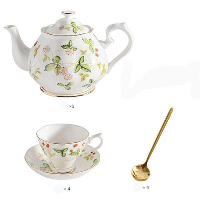 Wild Strawberry Pattern Retro Ceramic Coffee Cup and Teapot Set with Tower Design for Afternoon Tea
