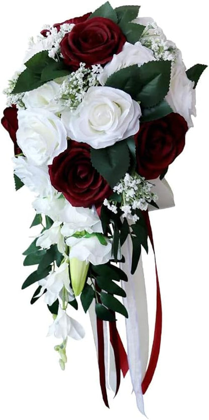 Artificial Rose Bouquet for Wedding Bride, White + Wine Red Bouquet for Home Holiday Party Supplies