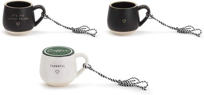 DEMDACO Thankful Black and White Stoneware Coffee Pod Mug, Ornaments Set of 3