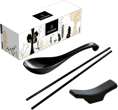 12 Pieces Ramen Set: 4 Black Spoons, 4 Chopsticks, 4 Stand Rest, Unbreakable Melamine for Japanese and Chinese Food