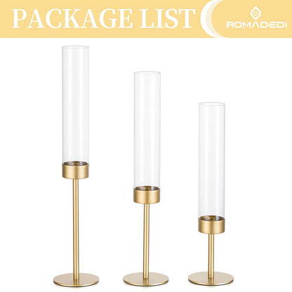 Glass Hurricane Candlestick Holders Gold - Romadedi Taper Candle Holder Tall Clear Glass Cylinder Table Centerpiece Wedding Decor Party Birthday Christmas Home Decorations Set of 3
