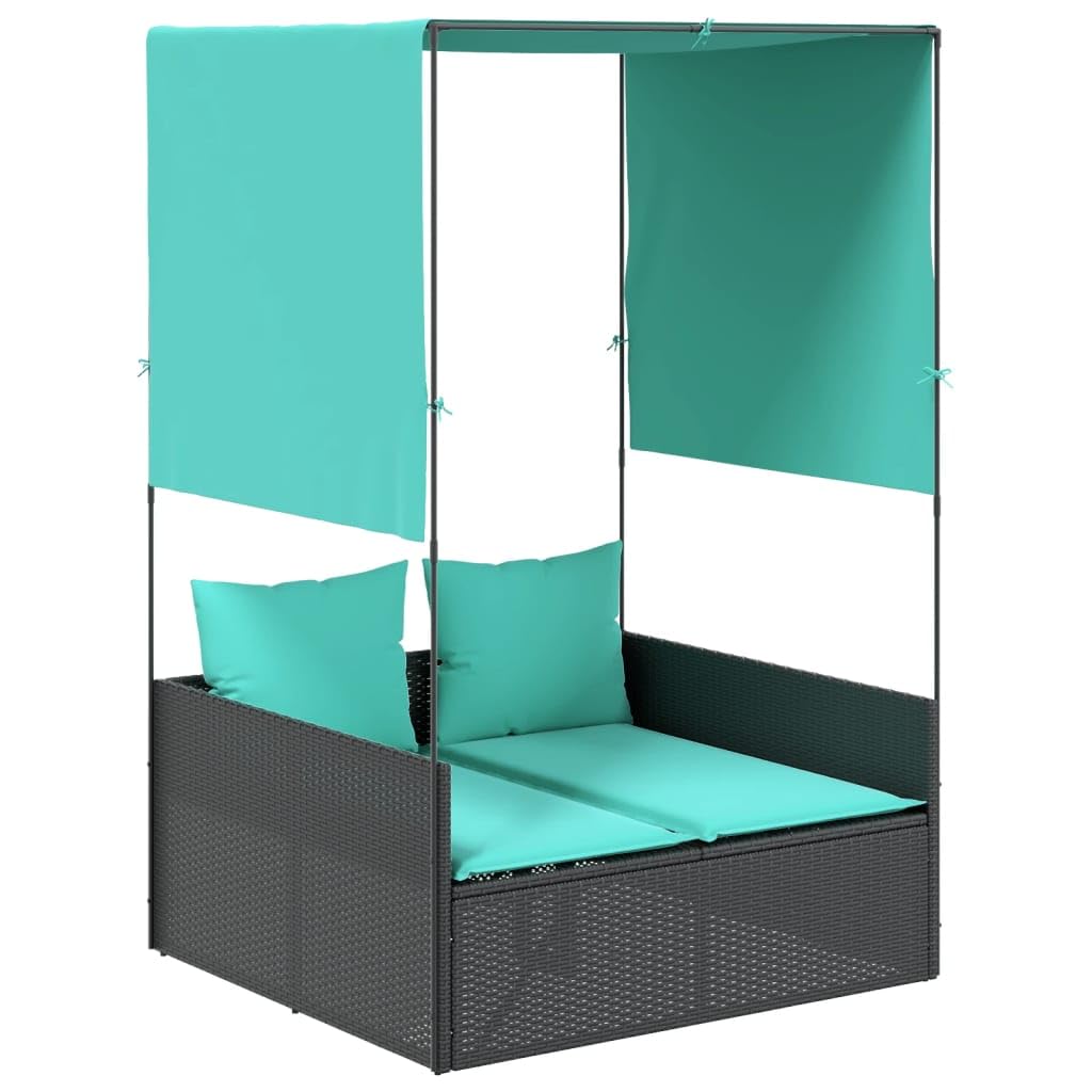 Favemtsl Double Outdoor Lounge Chair Black PE Rattan 17x18.3x29 in with Adjustable Canopy & Privacy Curtains, Removable Cushions, 2-Person Sunlounger for Patio Garden Terrace