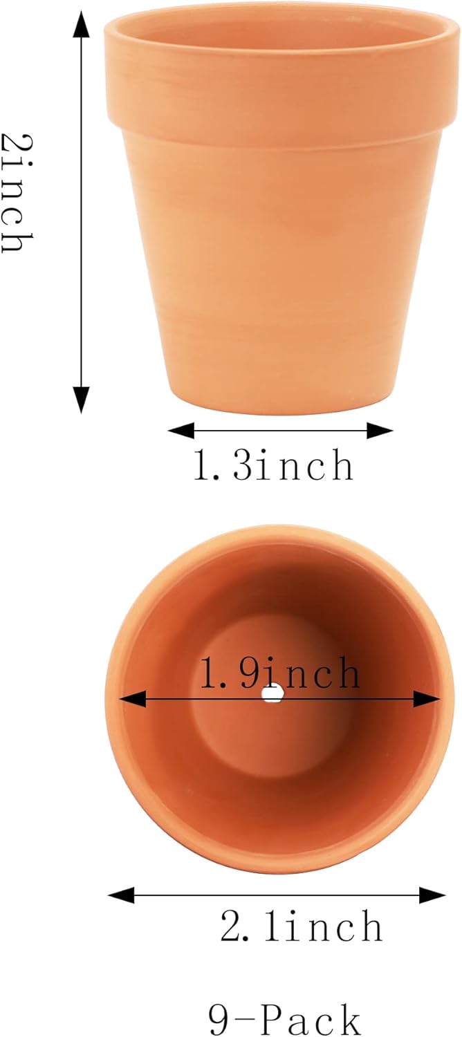 Yishang 2 Inch Mini Terracotta Clay Pots - Pack of 9 Small Hand Craft Nursery Plant Pot for Succulent Cactus