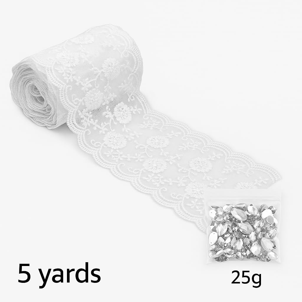 5 Yards White Floral Lace Trim with 25g Rhinestones, Bridal Applique Sewing Kit for Wedding Dress, Veil, Gift Box & DIY Crafts (Ivory)