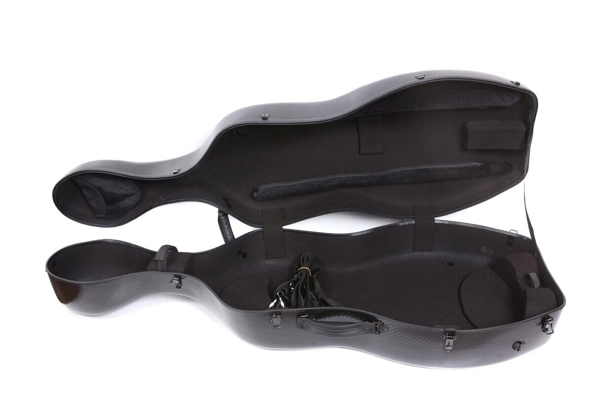 Hard Cello Case 4/4 Full Size Mixed Carbon Fiber Strong & Ultralight Cello Box with 2 Bow Holders & 2 Strong Handle & 2 Back Straps & Wheels Cello Bag (Black Braided Carbon Fiber)