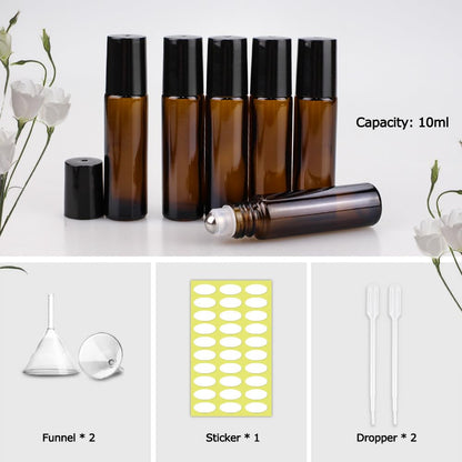 sungwoo 25 Pack Essential Oil Bottles, 10ml Amber Glass Bottles with Stainless Steel Roller Balls and Caps for Travel, Perfume and Lip Gloss