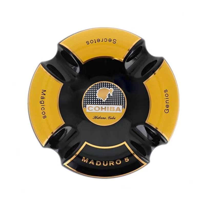 5 Cigar Ashtray, Black and Gold, Round Ceramic, 4 Rests