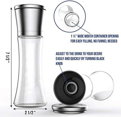 Elegant GRINDER 7 inch Tall, Eco-Friendly Stainless Steel and Glass Grinder with Adjustable Ceramic Grinder