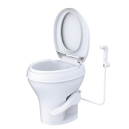 SEAFLO Residential Height Camper/RV Toilet with Sprayer Attachment, 18.5” Standard Height, Gravity Flush System, Foot Pedal Operation, Soft Close Seat, 4-Year Warranty (With Sprayer Attachment)
