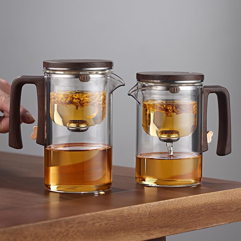 WCCDXGP 900ML Enchantipot Magic TeaPot, Water Separation Glass Tea Pot with Wooden Handle, Press Control Magic Tea