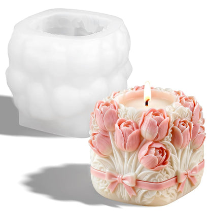 3D Tulip Bouquet Flower Silicone Mold for Scented Candles Handmade Soap Making Tulip Bouquets Cylinder Flower Molds Silicone Candle Molds for Candle Making Supplies Floral Decor Plaster Resin Mold