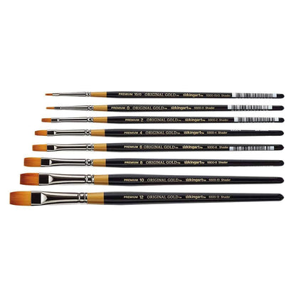 KINGART B-017 Premium 8 pc. Original Gold 9300 Series Shader Artist Brush Set, Synthetic Golden Taklon Hair for Acrylic, Oil, and Gouache Painting, Short Handle, Sizes: 10/0, 0, 2, 4, 6, 8, 10, 12