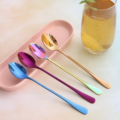 JUCOXO Long Handle Iced Tea Spoon Set of 4, Stainless Steel Coffee Mixing Spoons (Rainbow), Dishwasher Safe